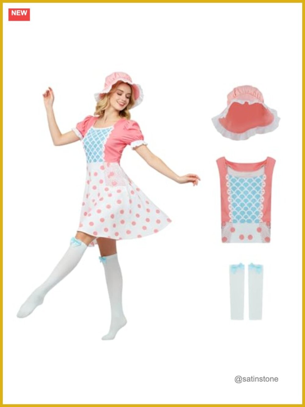 Bo Peep Costume Dress Set Shepherdess Polka Dot Halloween Cosplay Adult